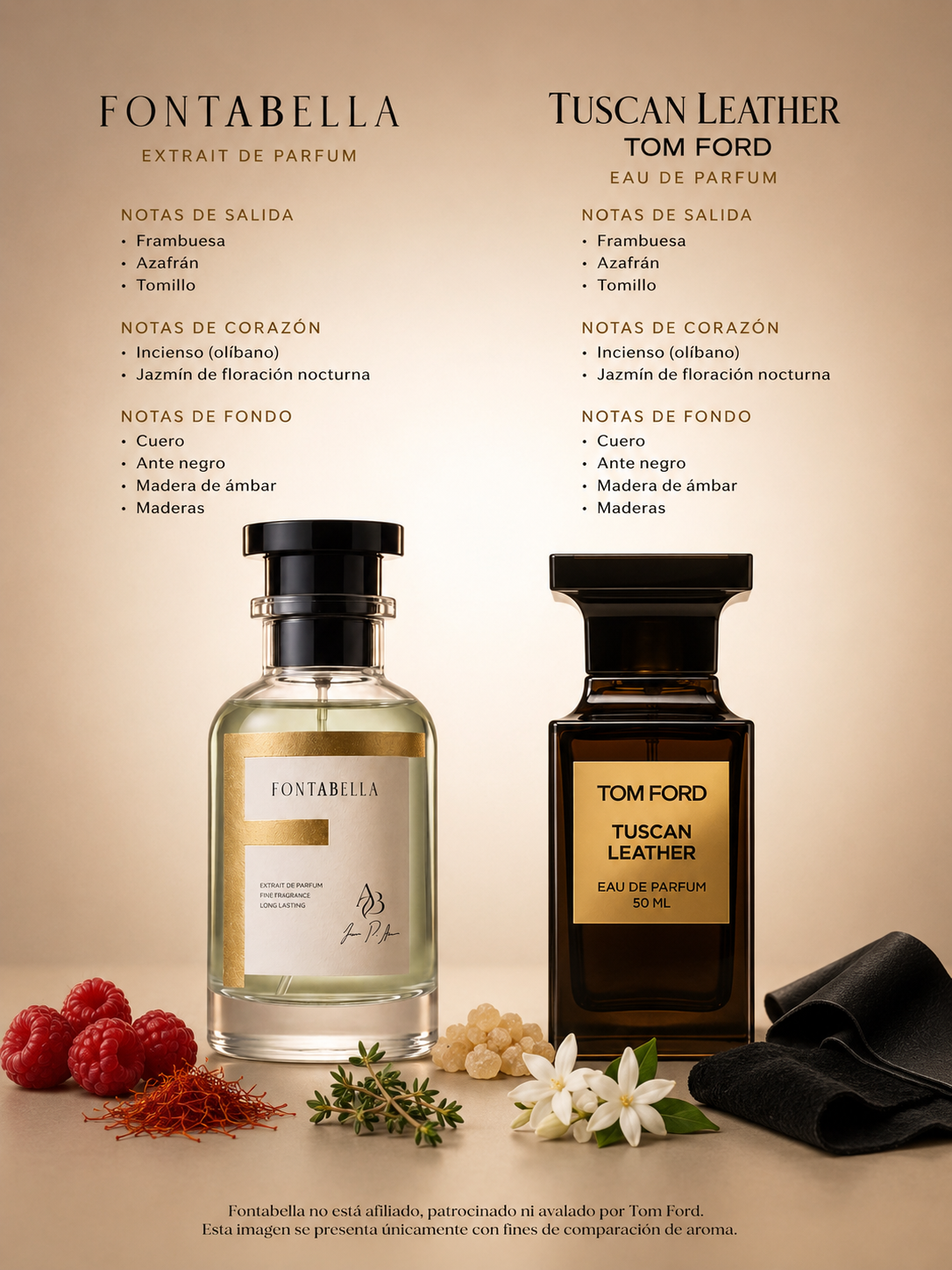 Perfume Cuero Toscano de Fontabella junto a su inspiración: Tuscan Leather de Tom Ford