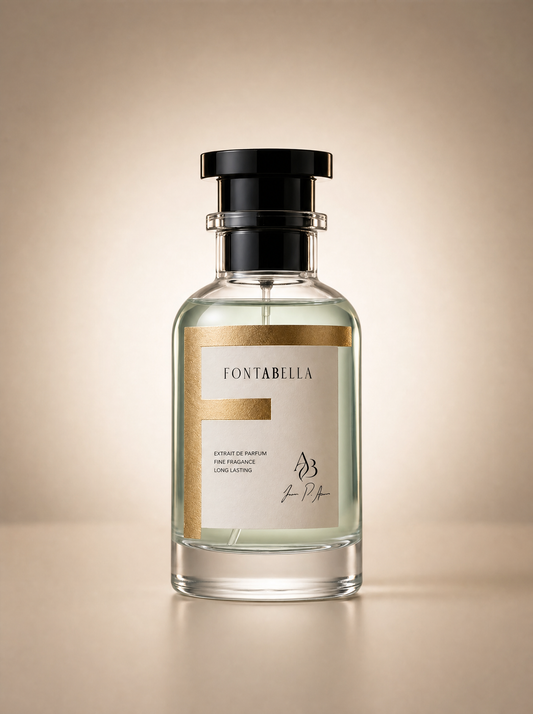 Perfume Eros Femme de Fontabella, extrait de parfum en frasco de vidrio con etiqueta dorada