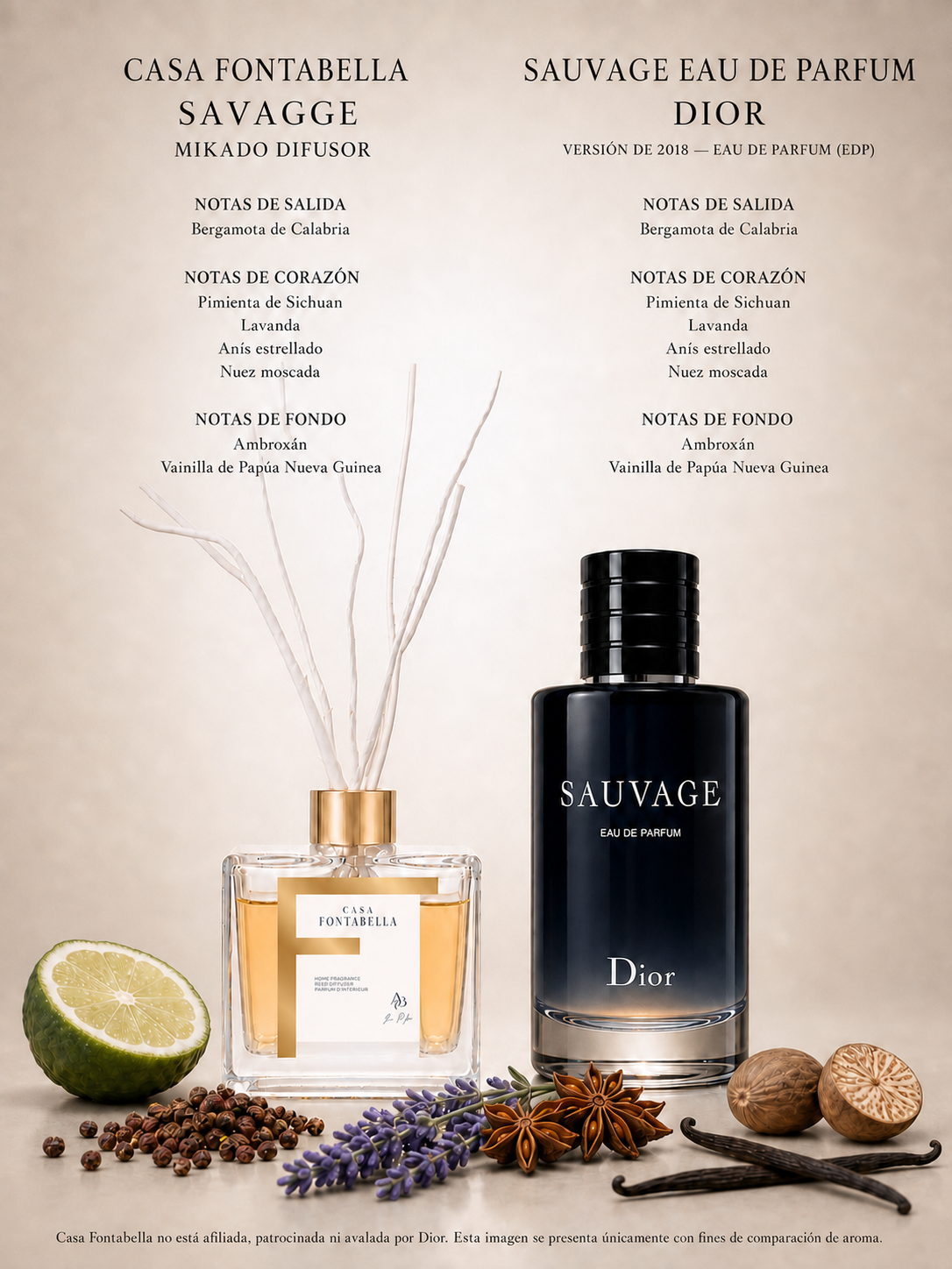 Mikado Savagge de Casa Fontabella junto a su inspiración: Sauvage de Dior