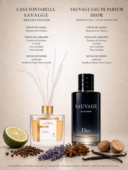 Mikado Savagge de Casa Fontabella junto a su inspiración: Sauvage de Dior