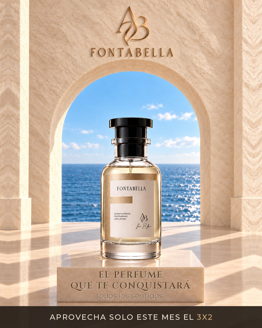 Perfume Fontabella sobre un pedestal frente al mar — 3x2 solo este mes
