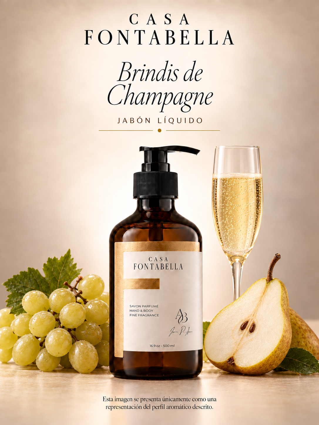 Jabón Brindis de Champagne de Casa Fontabella, botella ámbar de 500 ml junto a los elementos de su aroma: Notas efervescentes de champagne, durazno y vainilla.