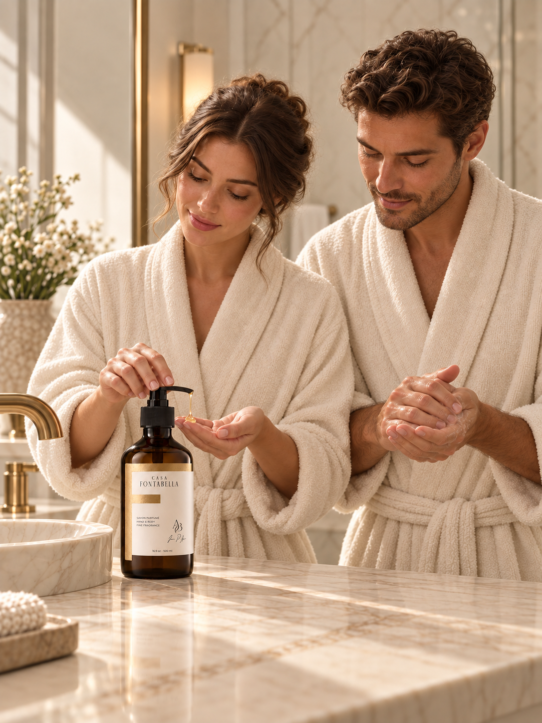 Jabón Silver Peak de Casa Fontabella en uso: pareja en bata compartiendo el jabón en un lavabo de mármol.
