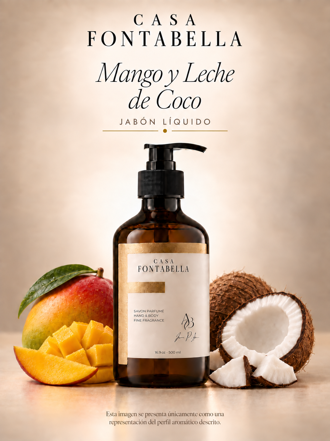 Jabón Mango y Leche de Coco de Casa Fontabella, botella ámbar de 500 ml junto a los elementos de su aroma: Mango maduro, leche de coco y un toque tropical dulce.