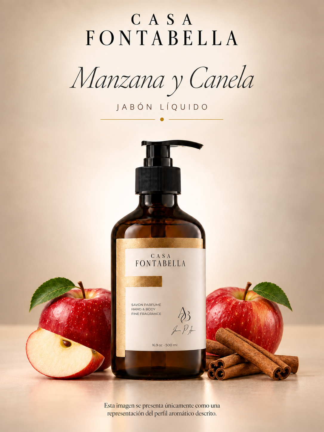 Jabón Manzana y Canela de Casa Fontabella, botella ámbar de 500 ml junto a los elementos de su aroma: Manzana fresca, canela especiada y vainilla de fondo.