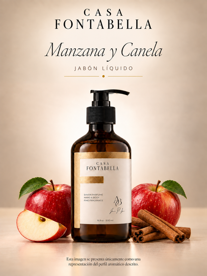 Jabón Manzana y Canela de Casa Fontabella, botella ámbar de 500 ml junto a los elementos de su aroma: Manzana fresca, canela especiada y vainilla de fondo.