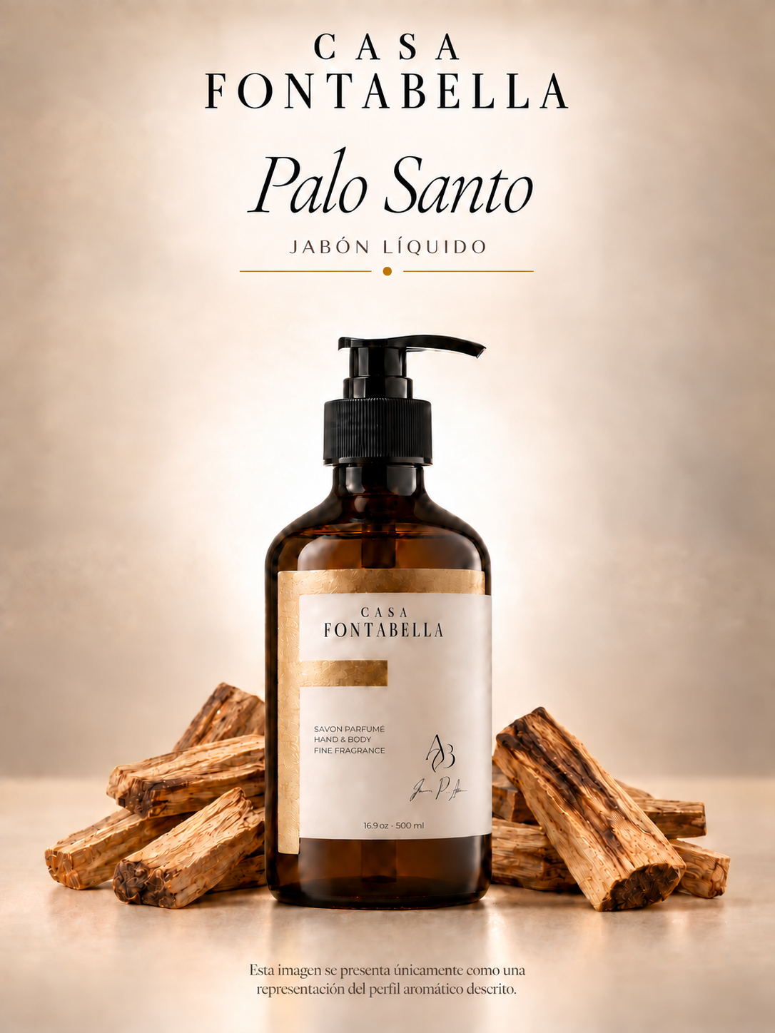 Jabón Palo Santo de Casa Fontabella, botella ámbar de 500 ml junto a los elementos de su aroma: Madera resinosa de palo santo, citrico sutil y fondo terroso.