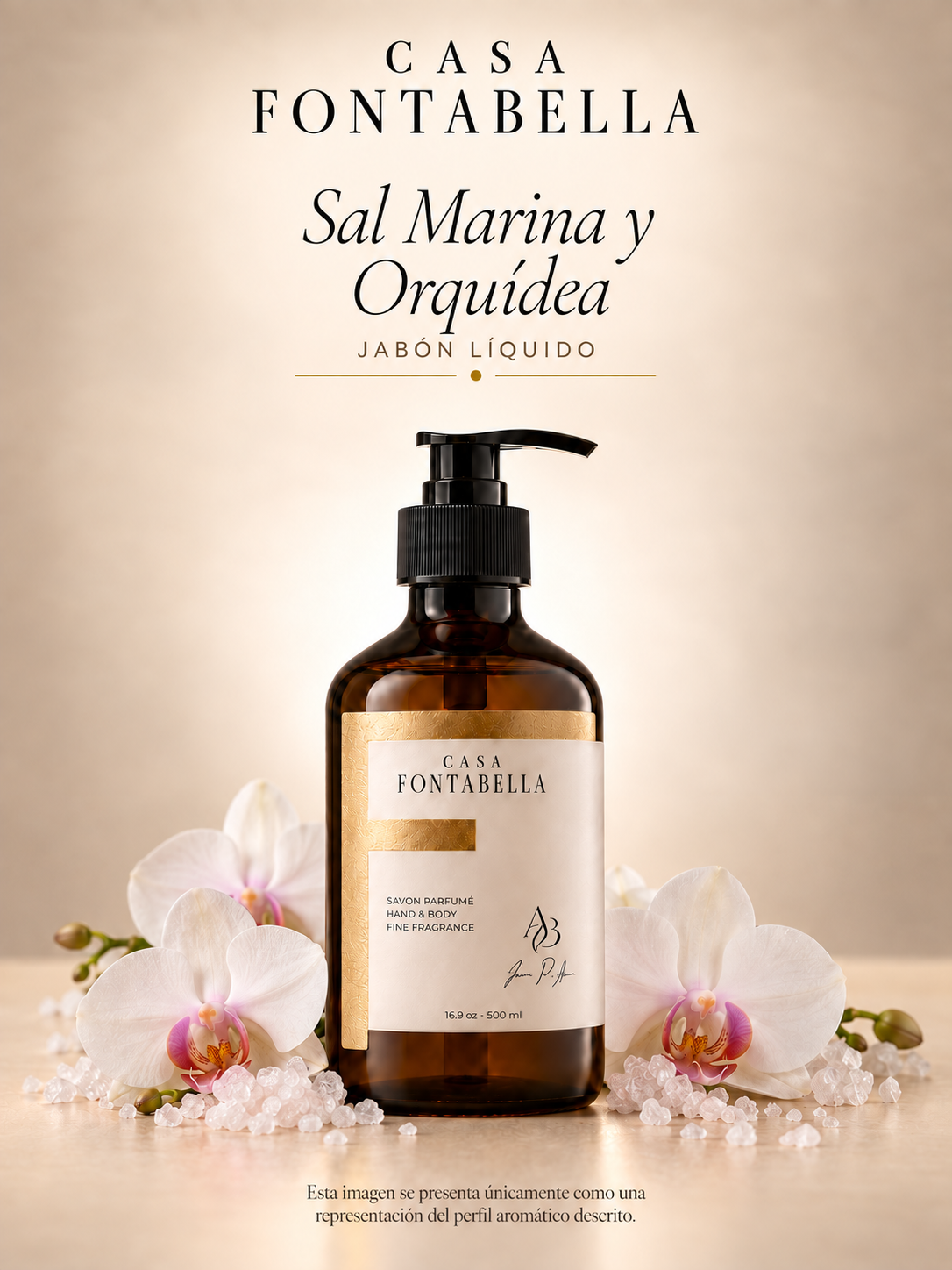 Jabón Sal Marina y Orquídea de Casa Fontabella, botella ámbar de 500 ml junto a los elementos de su aroma: Sal marina, orquidea blanca y almizcle limpio.