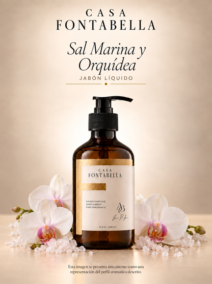 Jabón Sal Marina y Orquídea de Casa Fontabella, botella ámbar de 500 ml junto a los elementos de su aroma: Sal marina, orquidea blanca y almizcle limpio.