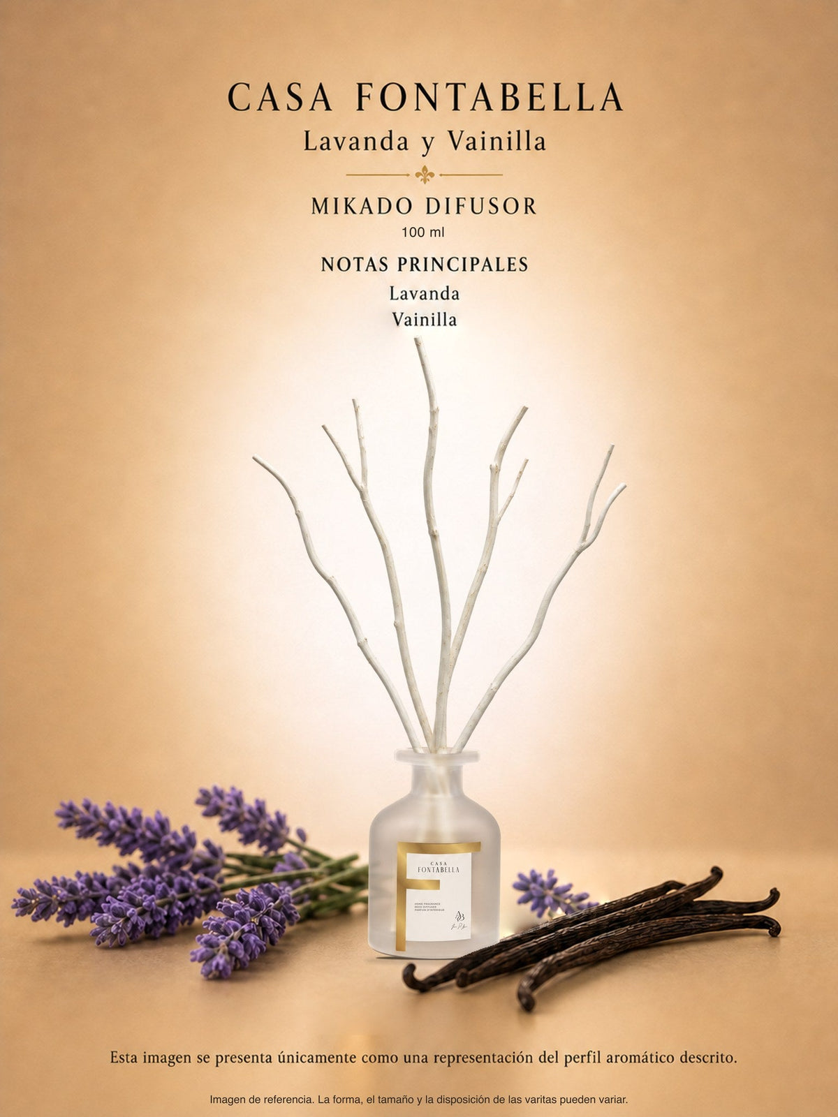 Mikado Lavanda y Vainilla de 100 ml en envase esmerilado dorado — Casa Fontabella
