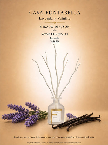 Mikado Lavanda y Vainilla de 100 ml en envase esmerilado dorado — Casa Fontabella