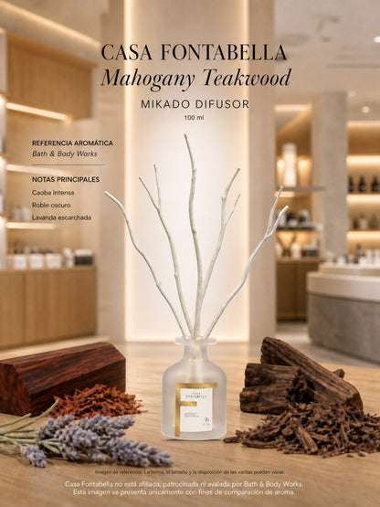 Mikado Mahogany Teakwood de 100 ml en envase esmerilado dorado — Casa Fontabella