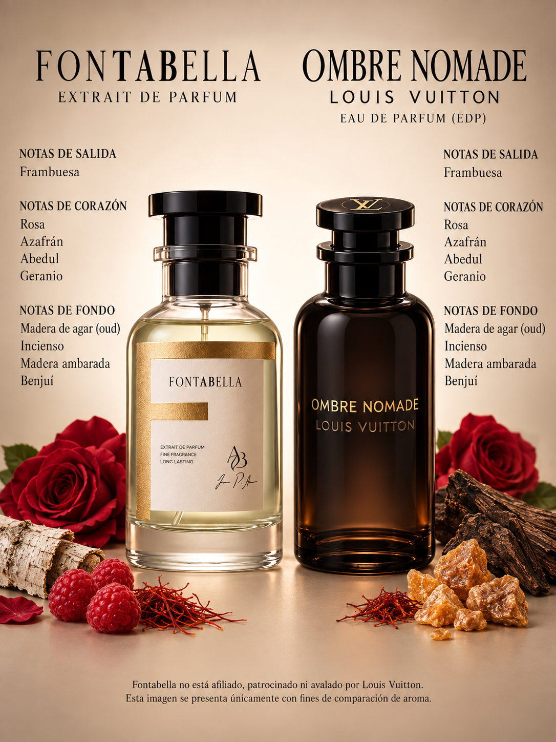 Perfume Nomadé de Fontabella junto a su inspiración: Ombre Nomade de Louis Vuitton