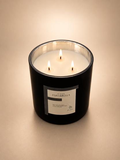 Vela aromática de Casa Fontabella en frasco Mónaco negro mate con detalle plata, vista de detalle — cera de soya y coco con tres mechas de algodón.